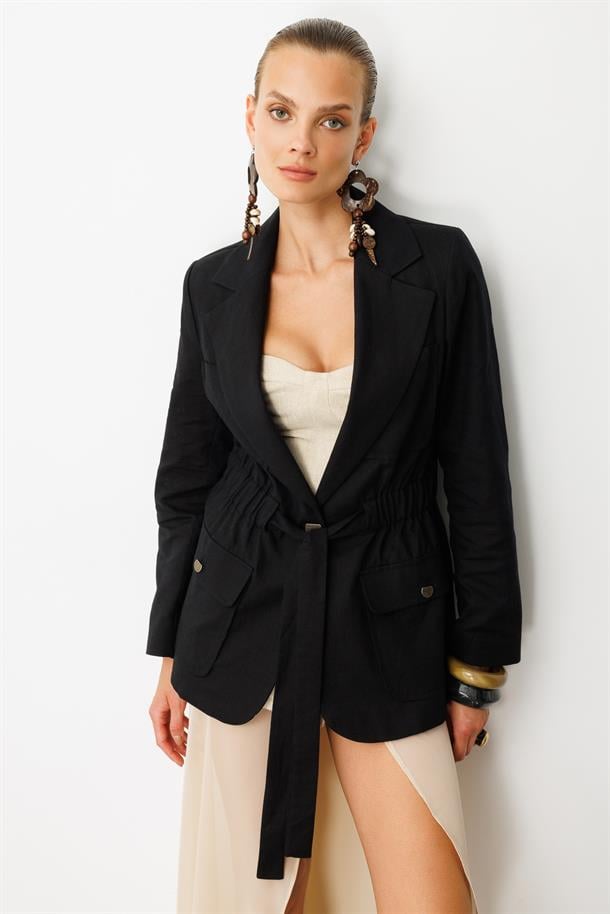 Beli Kuşaklı Keten Ceket-SİYAH