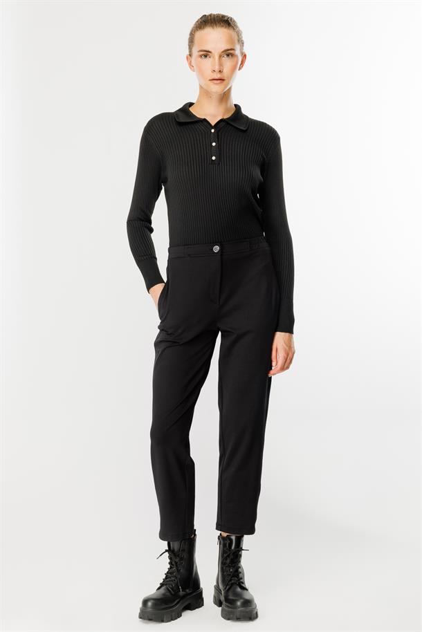 Beli Lastik Detaylı Dalgıç Kumaş Pantolon-SİYAH