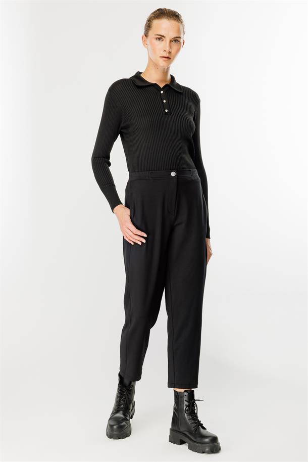 Beli Lastik Detaylı Dalgıç Kumaş Pantolon-SİYAH