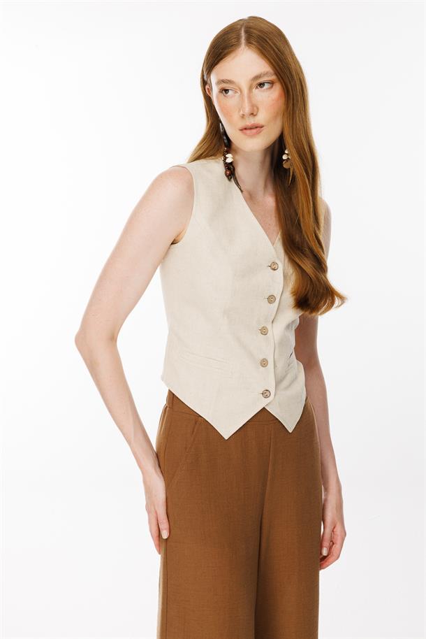 Beli Lastik Detaylı Keten Yelek-BEJ