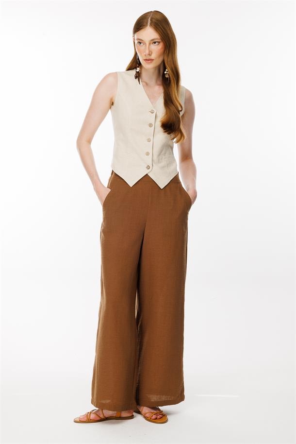 Beli Lastik Detaylı Keten Yelek-BEJ