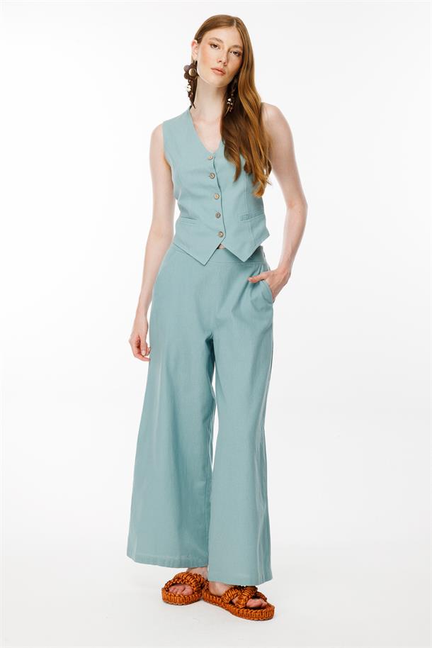 Beli Lastik Detaylı Keten Yelek-MINT