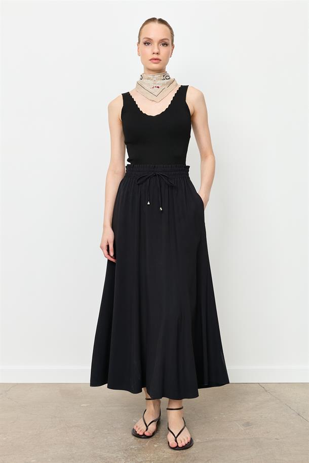 Beli Lastik Modal Uzun Etek-SİYAH