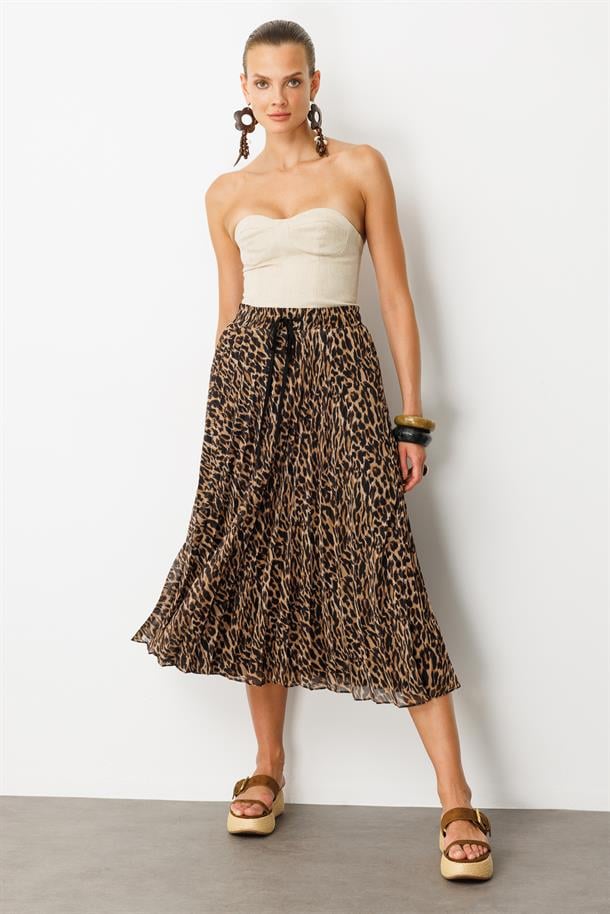 Beli Lastik Pileli Şifon Etek-KAHVE