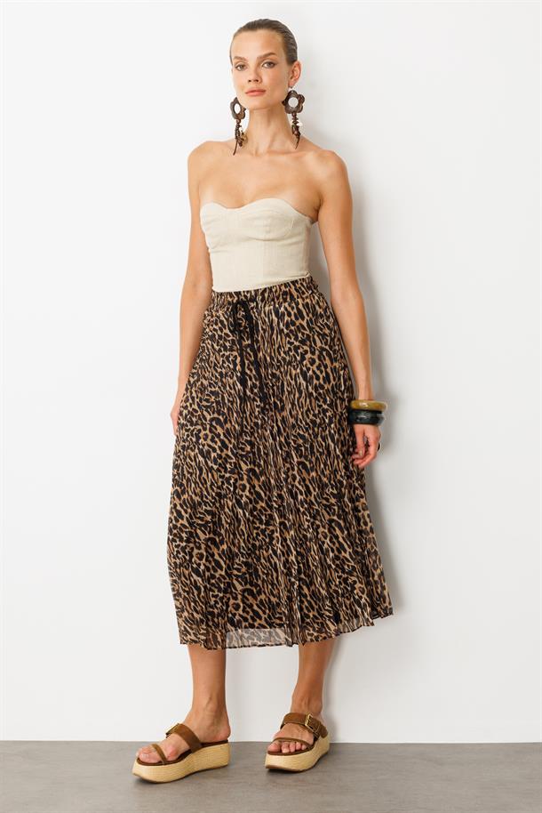 Beli Lastik Pileli Şifon Etek-KAHVE