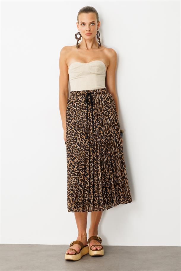 Beli Lastik Pileli Şifon Etek-KAHVE