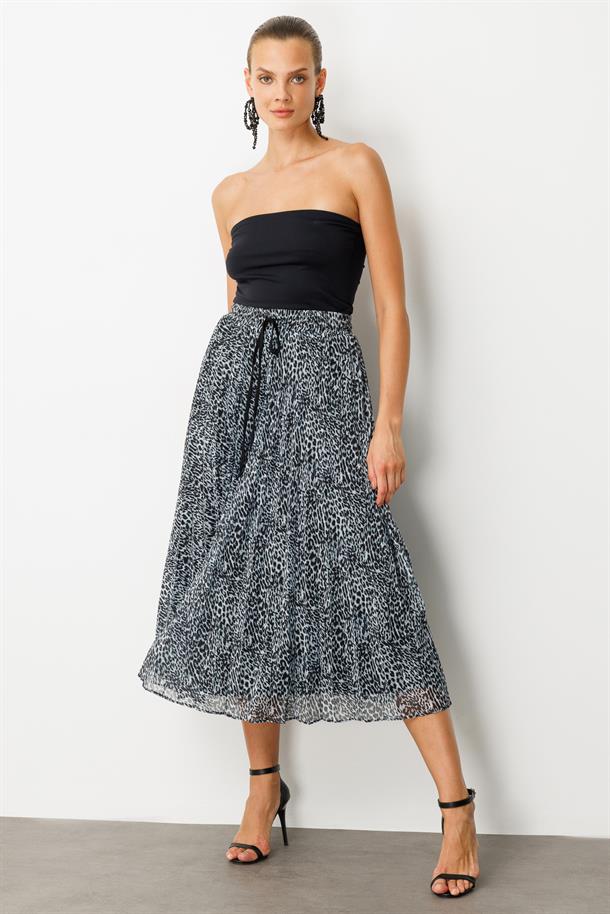 Beli Lastik Pileli Şifon Etek-SİYAH