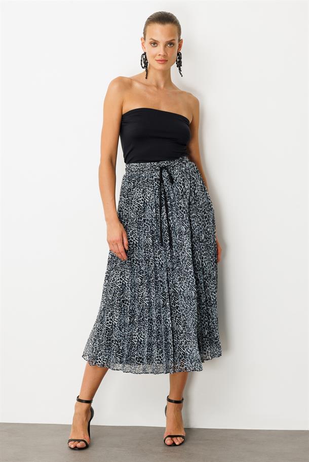Beli Lastik Pileli Şifon Etek-SİYAH