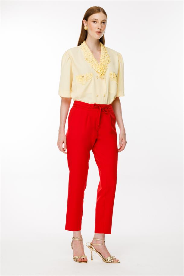 Beli Lastikli Bağcıklı Pantolon-KIRMIZI