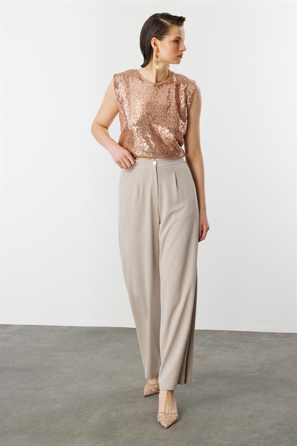 Beli Lastikli Bol Paça Pantolon-BEJ