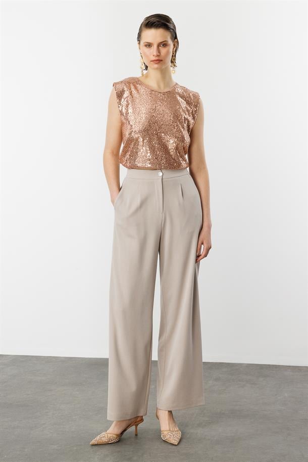 Beli Lastikli Bol Paça Pantolon-BEJ