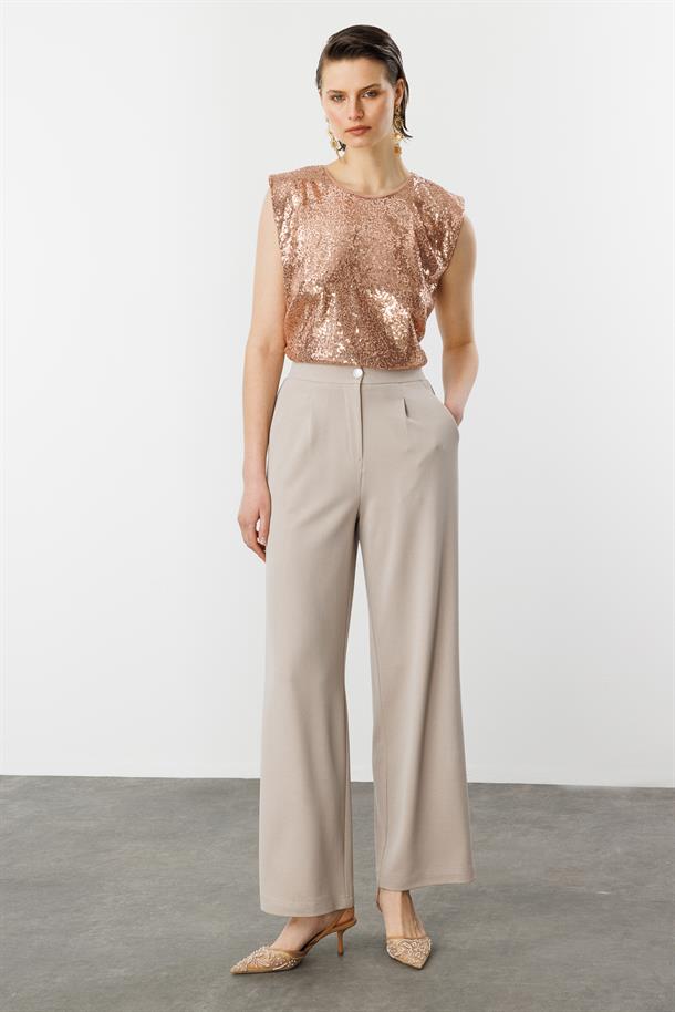 Beli Lastikli Bol Paça Pantolon-BEJ