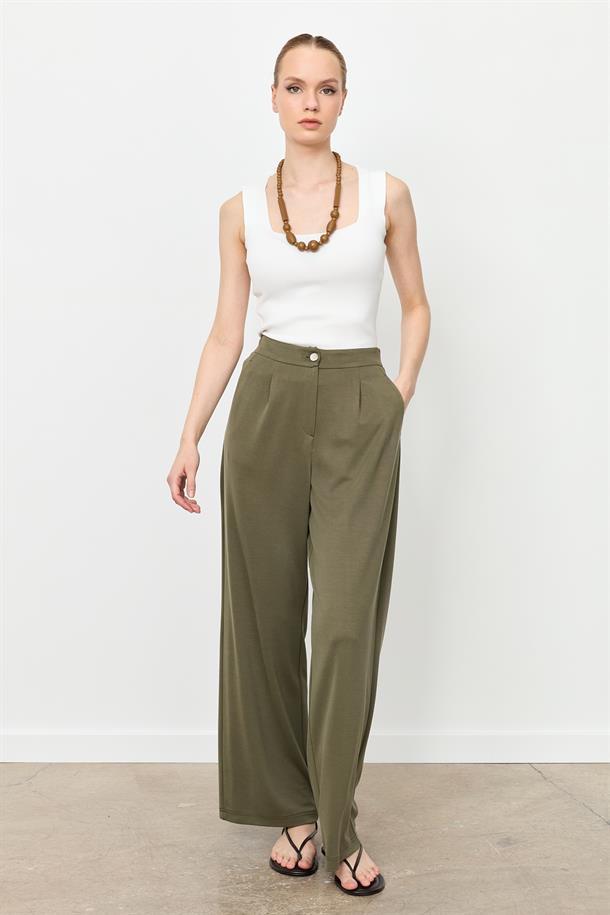 Beli Lastikli Bol Paça Pantolon-HAKİ