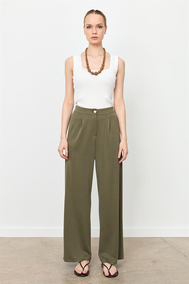 Beli Lastikli Bol Paça Pantolon-HAKİ