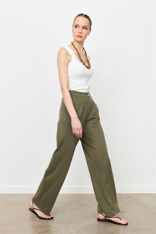 Beli Lastikli Bol Paça Pantolon-HAKİ