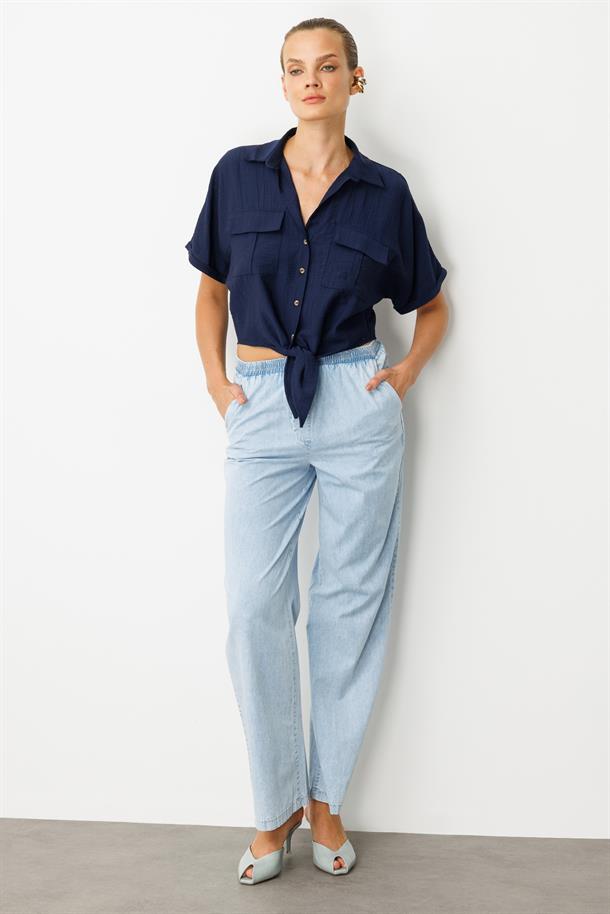 Beli Lastikli Bol Paça Pantolon-MAVİ