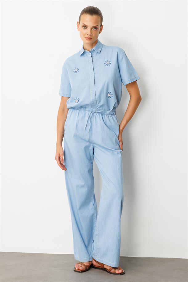 Beli Lastikli Bol Paça Pantolon-MAVİ