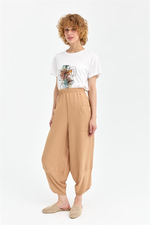 Beli Lastikli Cep Detaylı Şalvar Pantolon-CAMEL