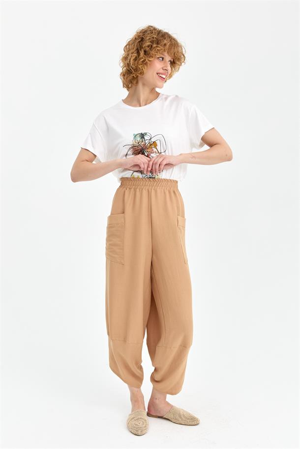 Beli Lastikli Cep Detaylı Şalvar Pantolon-CAMEL