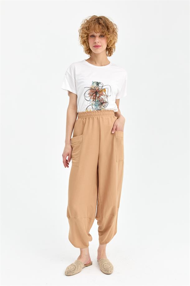 Beli Lastikli Cep Detaylı Şalvar Pantolon-CAMEL