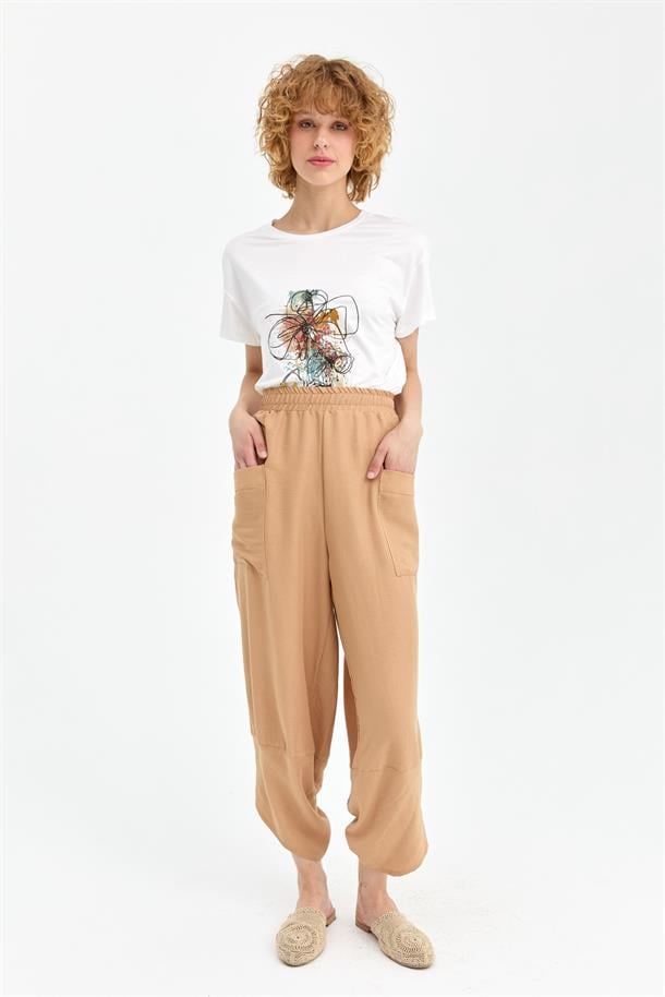 Beli Lastikli Cep Detaylı Şalvar Pantolon-CAMEL
