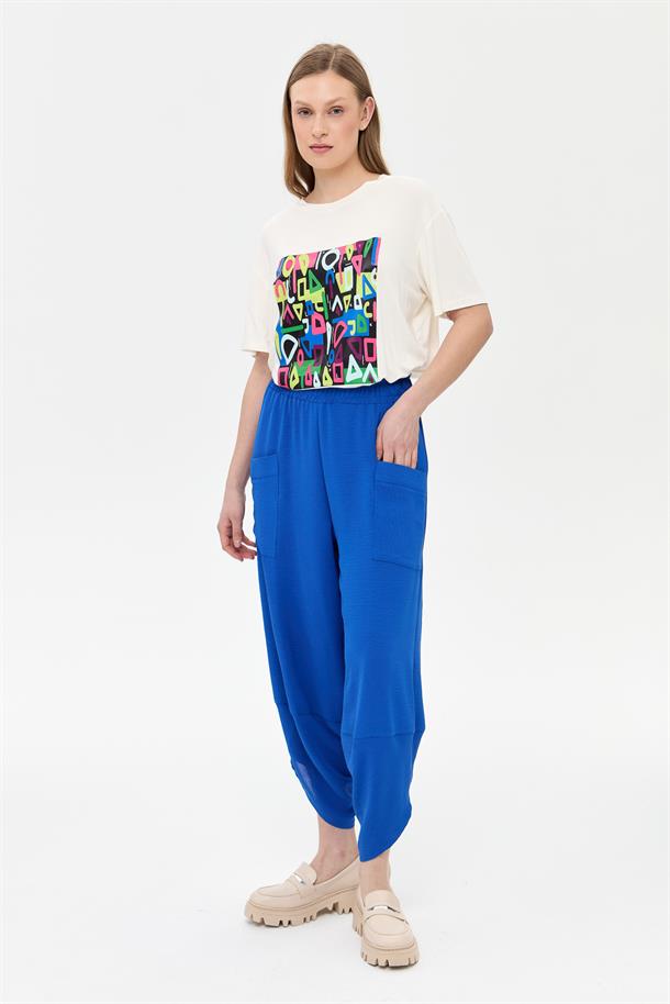 Beli Lastikli Cep Detaylı Şalvar Pantolon-SAX