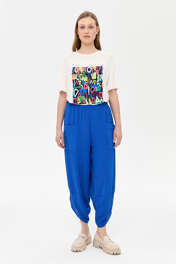 Beli Lastikli Cep Detaylı Şalvar Pantolon-SAX