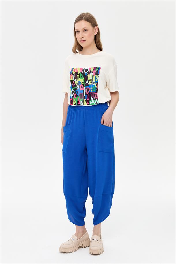 Beli Lastikli Cep Detaylı Şalvar Pantolon-SAX