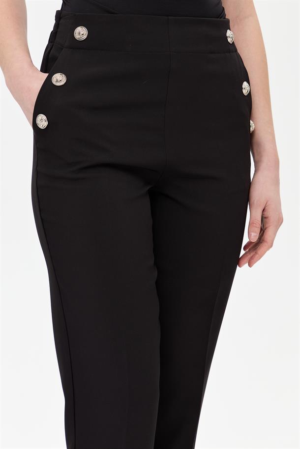 Beli Lastikli Düğme Detaylı Pantolon-SİYAH