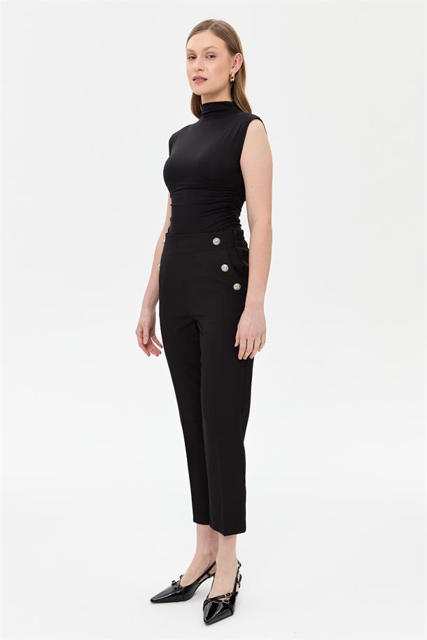 Beli Lastikli Düğme Detaylı Pantolon-SİYAH