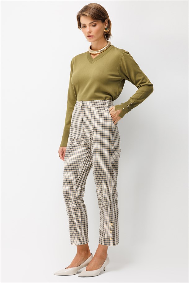 Beli Lastikli Ekose Pantolon-CAMEL