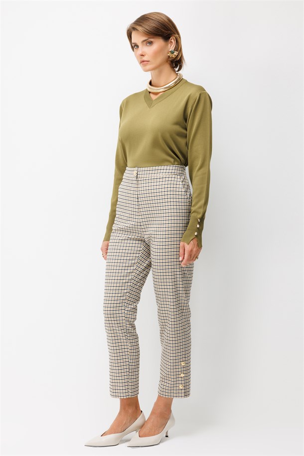 Beli Lastikli Ekose Pantolon-CAMEL
