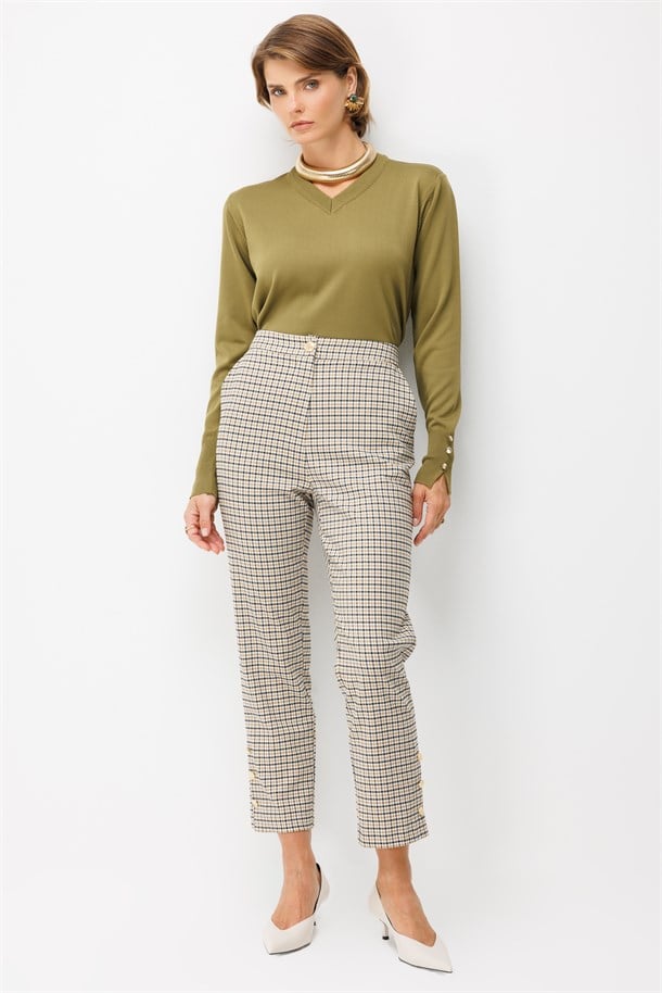 Beli Lastikli Ekose Pantolon-CAMEL