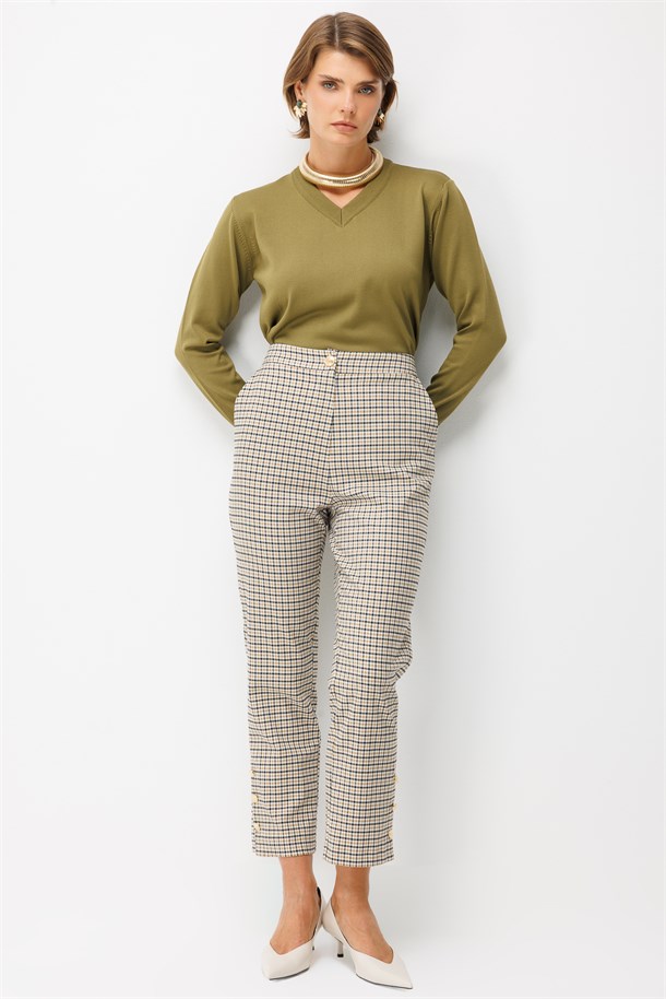 Beli Lastikli Ekose Pantolon-CAMEL