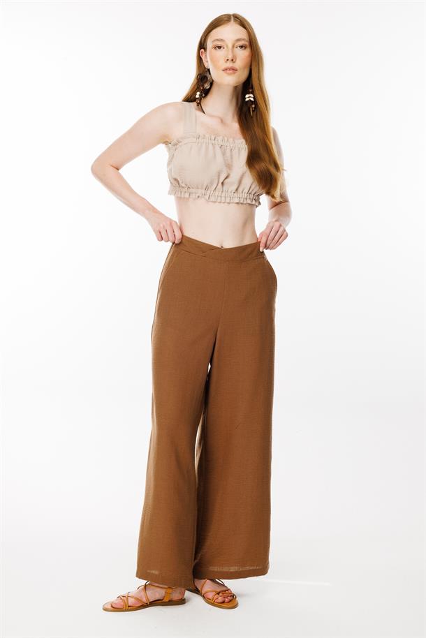 Beli Lastikli Geniş Paça Keten Pantolon-KAHVE