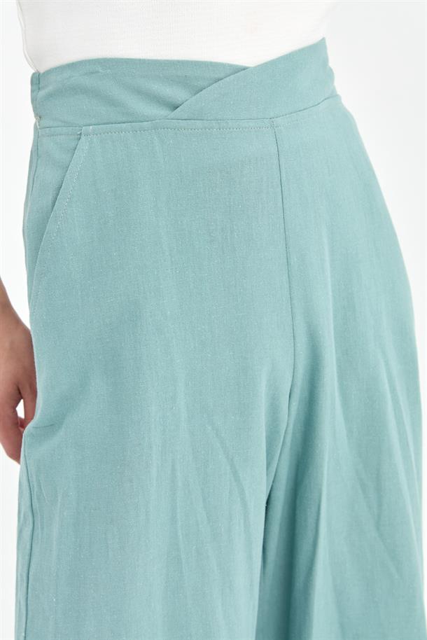 Beli Lastikli Geniş Paça Keten Pantolon-MINT