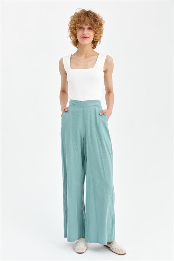 Beli Lastikli Geniş Paça Keten Pantolon-MINT
