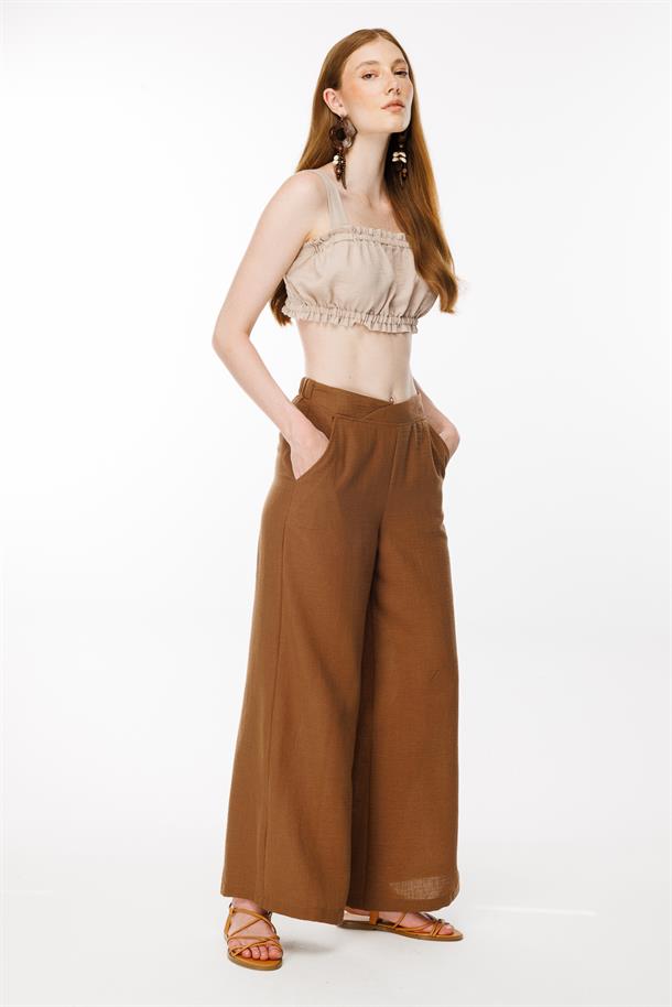Beli Lastikli Geniş Paça Keten Pantolon-KAHVE