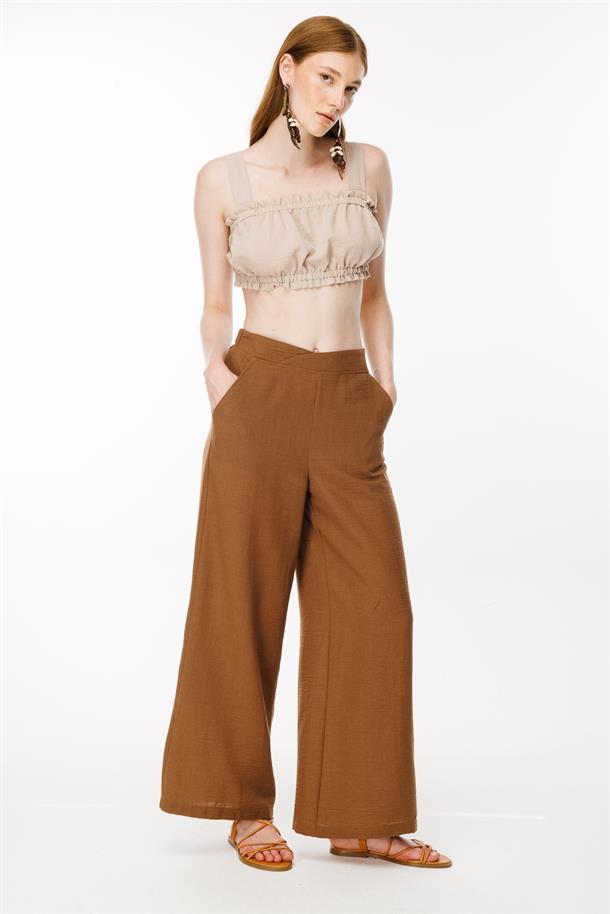 Beli Lastikli Geniş Paça Keten Pantolon-KAHVE