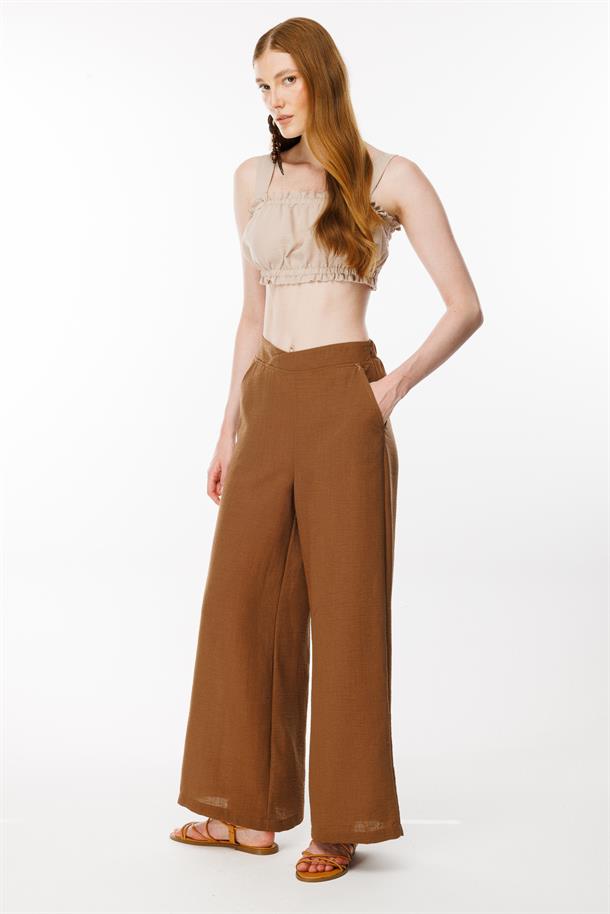 Beli Lastikli Geniş Paça Keten Pantolon-KAHVE