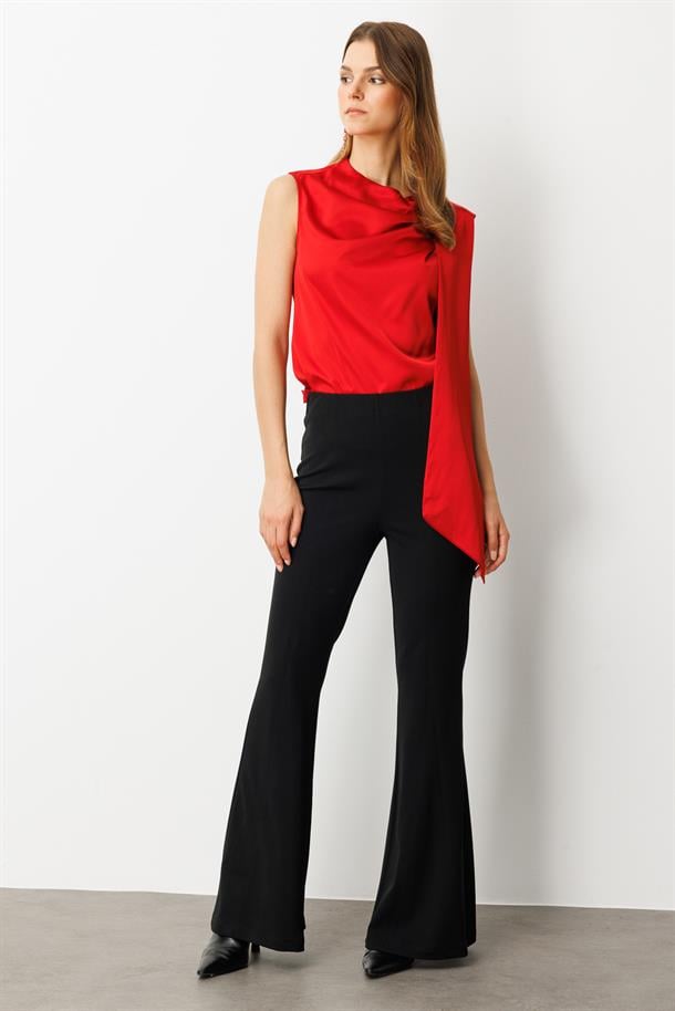 Beli Lastikli İspanyol Paça Pantolon-SİYAH