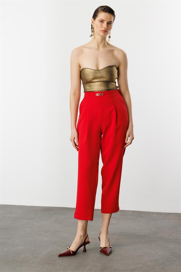 Beli Lastikli Kalın Pileli Pantolon-KIRMIZI