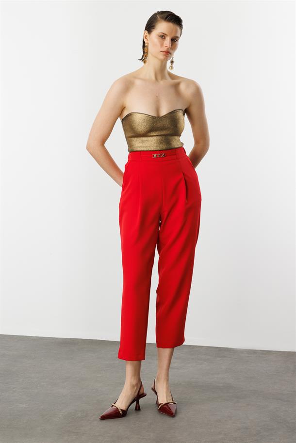 Beli Lastikli Kalın Pileli Pantolon-KIRMIZI