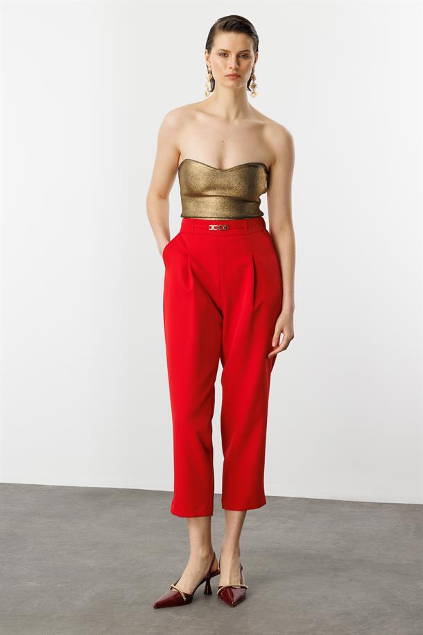 Beli Lastikli Kalın Pileli Pantolon-KIRMIZI