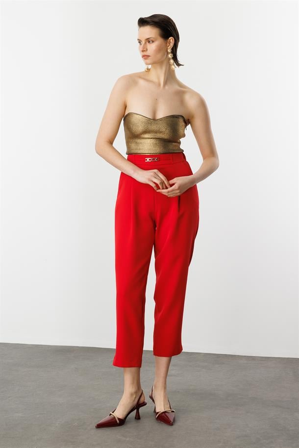 Beli Lastikli Kalın Pileli Pantolon-KIRMIZI