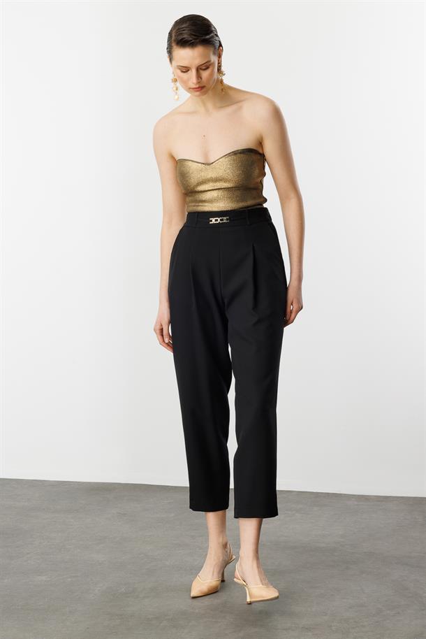 Beli Lastikli Kalın Pileli Pantolon-SİYAH