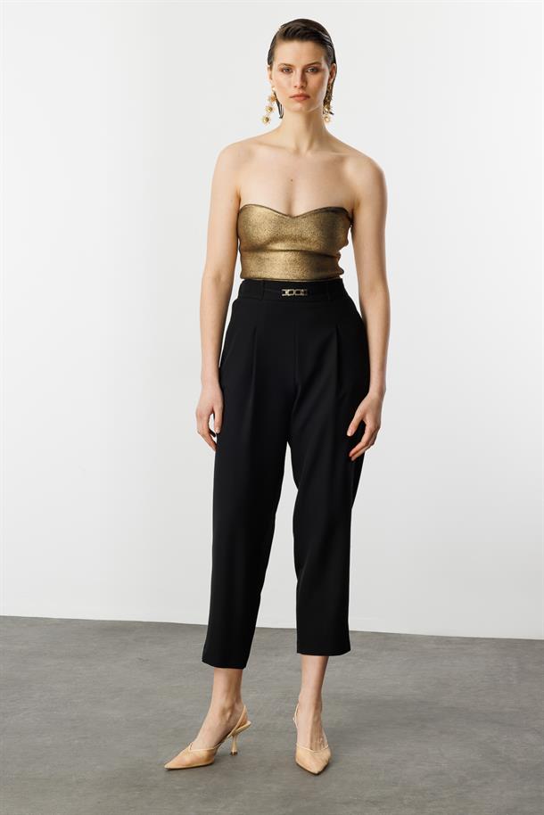 Beli Lastikli Kalın Pileli Pantolon-SİYAH