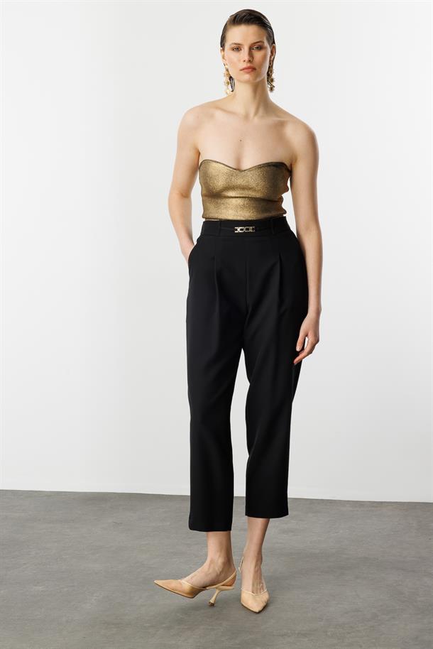 Beli Lastikli Kalın Pileli Pantolon-SİYAH