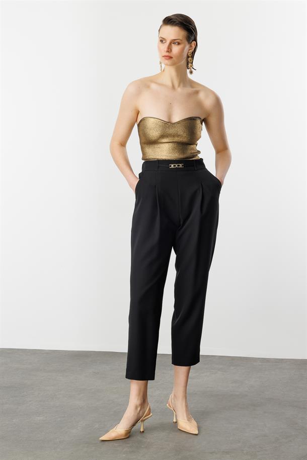 Beli Lastikli Kalın Pileli Pantolon-SİYAH