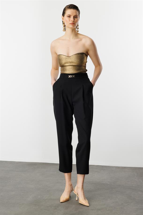 Beli Lastikli Kalın Pileli Pantolon-SİYAH